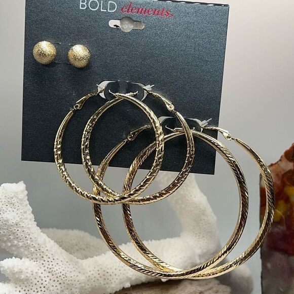 Gold Hoop & Post Bold Elements Earrings Set $16ea / 3 for $25 - Picture 2 of 4